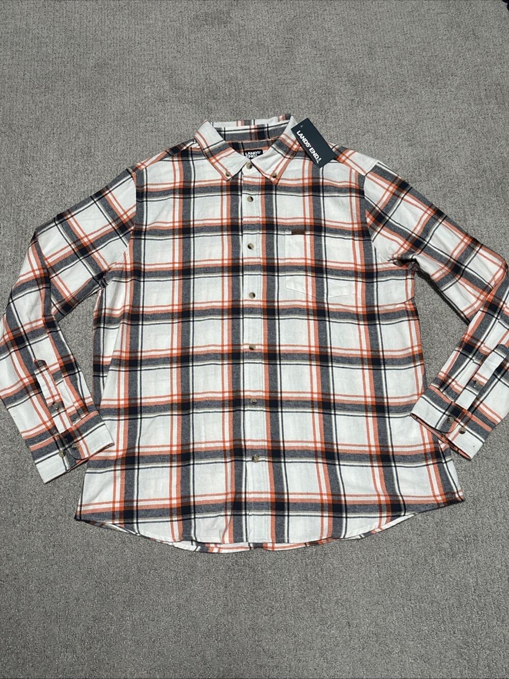 Lands' End Mens Flannel Long Sleeve Plaid Button Up Shirt Orange Black Sz XL NWT